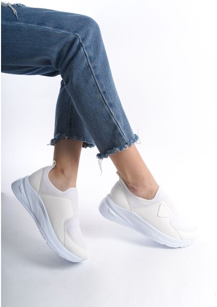 Krem Ortadan Parlak Şerit Detaylı Yumuşak Tekstil Günlük Sneaker Kadın Spor Yürüyüş Ayakkabısı indirimleri