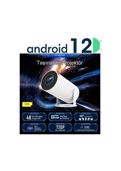 HY300 Taşınabilir Projektör Ultra Hd Projektör Android 12 Yükseltilmiş 200ANSI Wifi