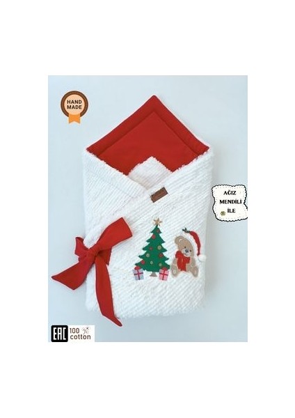 Kışlık Bebek Battaniyesi & Kundağı - Çam Ağacı & Ayıcık Işlemeli Hastane Çıkışı - Yeni Yıla Özel