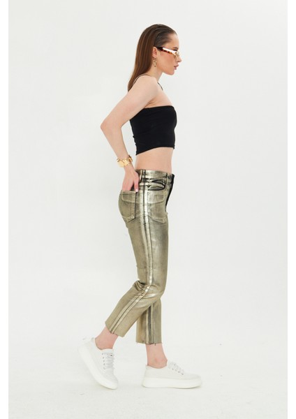 Gold Varaklı Paçası Kesik Trend Jean Pantolon fiyatları