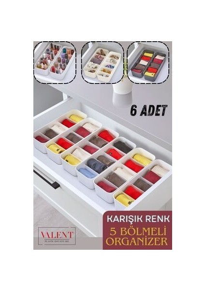 5 Bölmeli Düzenleyici, Saat, Takı, Toka, Çorap, Iç Çamaşırı Organizeri 6 Adet