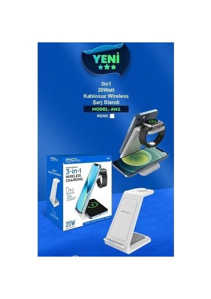 Aw1 - 20W Iphone Watch / Android 3in1 Kablosuz Wireless Şarjlı Standı One Size