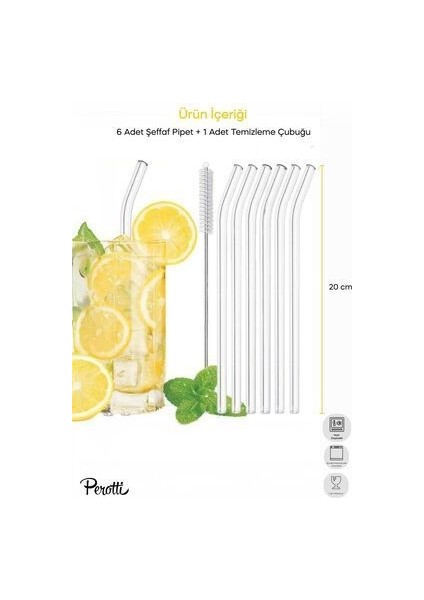 Straw 6'lı Şeffaf Cam Eğimli Isıya Dayanıklı (Borosilikat) Pipet ve 1 Adet Pipet Temizleme Fırçası