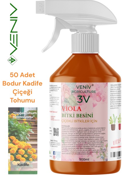 3V Viola 500 ml Çiçeklendirici + 50 Bodur Kadife Çiçeği Tohumu – Bahçenize Sıcak Bir Dokunuş