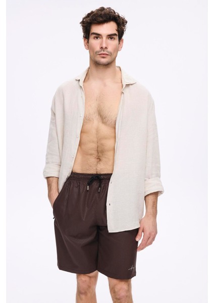 Dokulu Kumaş Kahverengi Erkek Kısa Havuz ve Deniz Şortu 5032