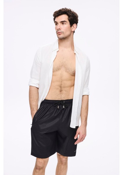 Dokulu Kumaş Siyah Erkek Kısa Havuz ve Deniz Şortu 5032
