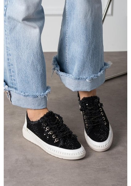 Aria 2410 Kadın Taşlı Kot Sneaker Ayakkabı Siyah