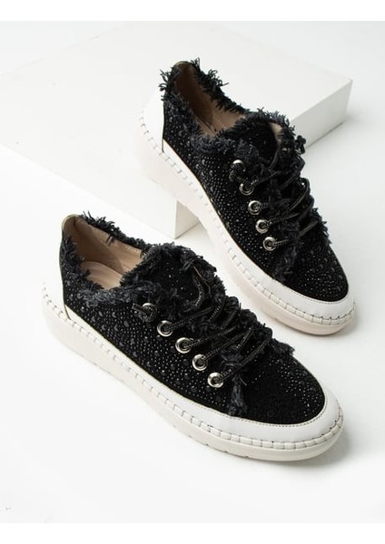 Aria 2410 Kadın Taşlı Kot Sneaker Ayakkabı Siyah