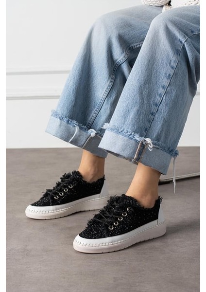 Aria 2410 Kadın Taşlı Kot Sneaker Ayakkabı Siyah