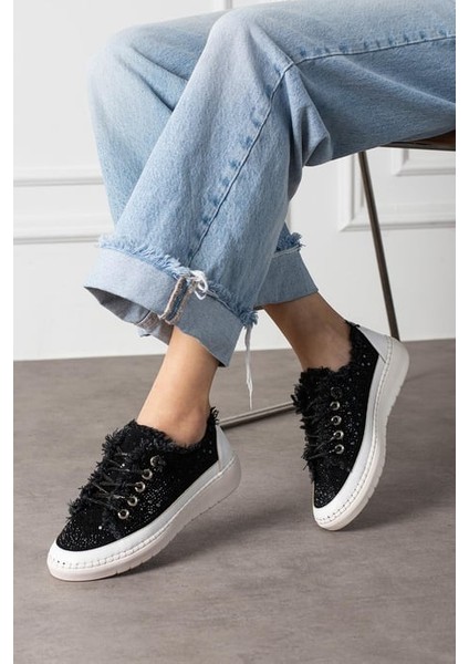 Aria 2410 Kadın Taşlı Kot Sneaker Ayakkabı Siyah