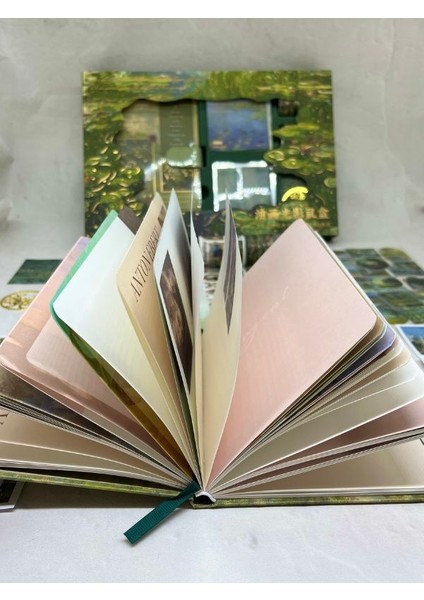 Claude Monet Nilüfer Tablosu Desenli Yeşil Kutu Defter Seti/hediye Set/notebook / Bullet Journal