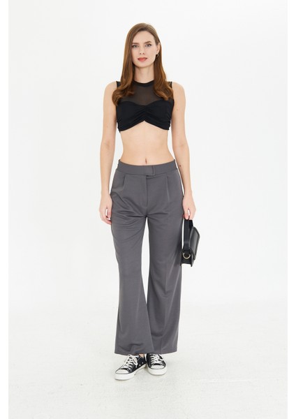 Koyu Gri Wide Leg Geniş Paça Çırt Çırt Kapamalı Pile Detaylı Yüksek Bel Dokuma Kumaş Pantolon