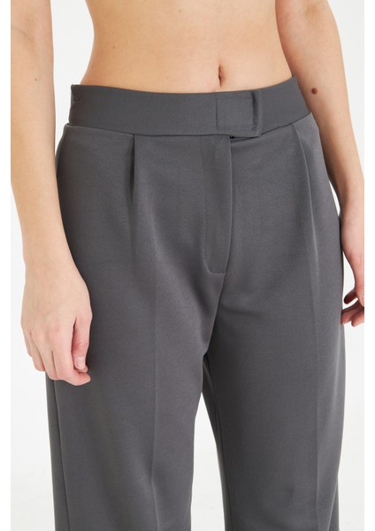 Koyu Gri Wide Leg Geniş Paça Çırt Çırt Kapamalı Pile Detaylı Yüksek Bel Dokuma Kumaş Pantolon