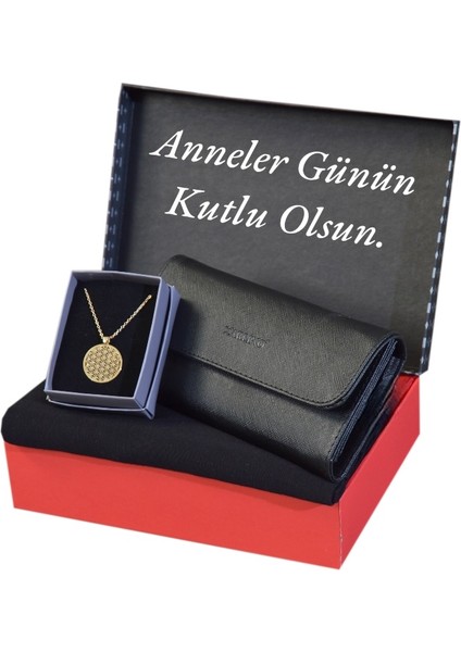 Kadın Hediye Seti Siyah Şal -Carlino Cüzdan -Yaşam Çiçeği Çelik Kolye