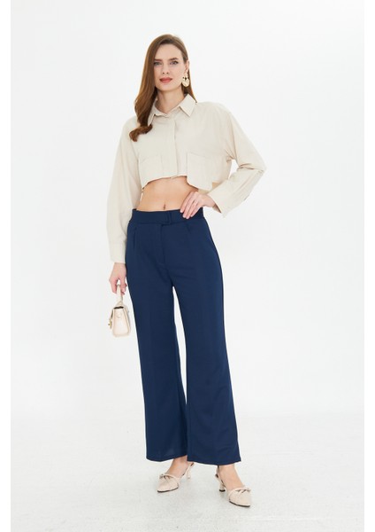 Lacivert Wide Leg Geniş Paça Çırt Çırt Kapamalı Pile Detaylı Yüksek Bel Dokuma Kumaş Pantolon