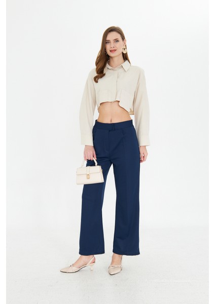 Lacivert Wide Leg Geniş Paça Çırt Çırt Kapamalı Pile Detaylı Yüksek Bel Dokuma Kumaş Pantolon modelleri