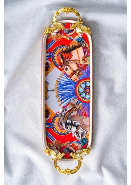Whısper Oval Altın Kulplu Sunum Tabak / Tepsi Desen1 34 x 13 cm