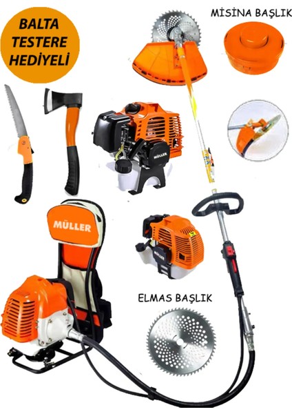Alman 20 Hp Sırt Tipi Benzinli Motorlu Ot Çalı Tırpanı Çim Biçme Makinesi Balta+Testere Hediye