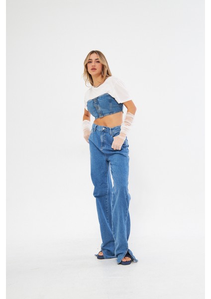 Buz Mavisi Yüksek Bel Wide Leg Geniş Yırtmaçlı Paça Jean