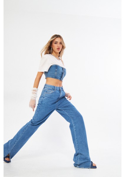 Buz Mavisi Yüksek Bel Wide Leg Geniş Yırtmaçlı Paça Jean
