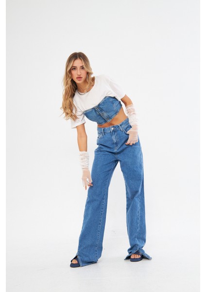 Buz Mavisi Yüksek Bel Wide Leg Geniş Yırtmaçlı Paça Jean