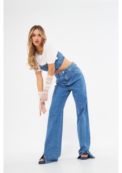 Buz Mavisi Yüksek Bel Wide Leg Geniş Yırtmaçlı Paça Jean