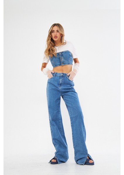 Buz Mavisi Yüksek Bel Wide Leg Geniş Yırtmaçlı Paça Jean