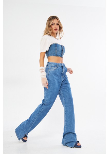 Buz Mavisi Yüksek Bel Wide Leg Geniş Yırtmaçlı Paça Jean