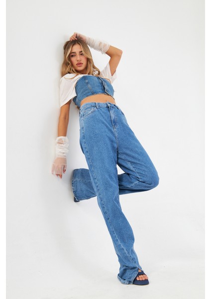 Buz Mavisi Yüksek Bel Wide Leg Geniş Yırtmaçlı Paça Jean