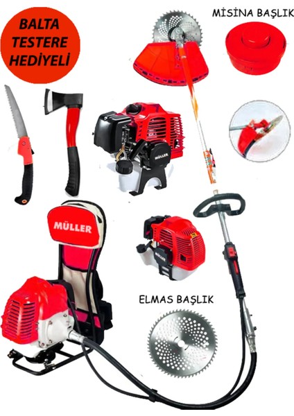 Alman 20 Hp Sırt Tipi Benzinli Motorlu Ot Çalı Tırpanı Çim Biçme Makinesi Balta+Testere