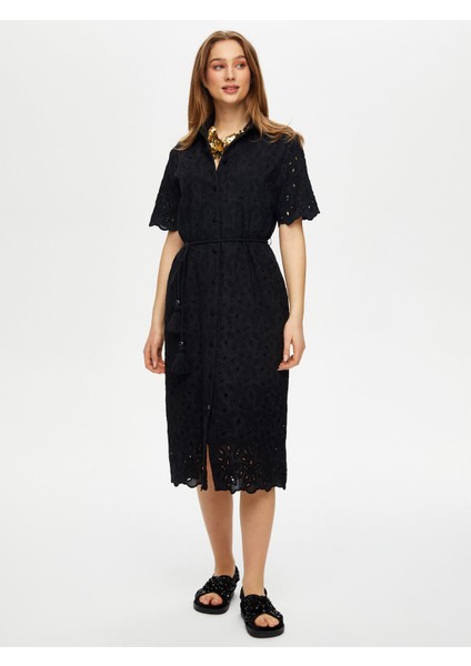 Kemer Detaylı Brode Nakışlı Gömlek Elbise S25ELB023