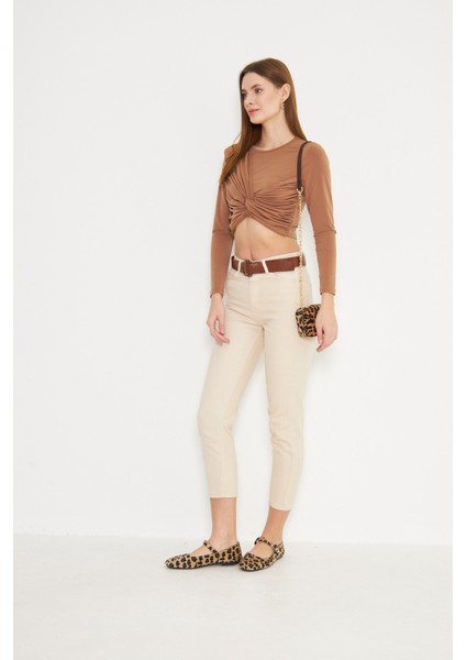 Bej Yüksek Bel Mom Jeans Likralı Esnek Kot Pantolon