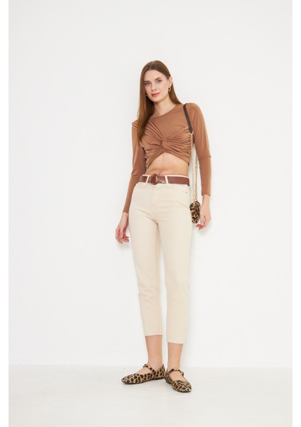 Bej Yüksek Bel Mom Jeans Likralı Esnek Kot Pantolon