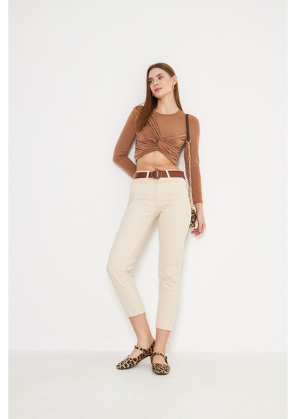 Bej Yüksek Bel Mom Jeans Likralı Esnek Kot Pantolon