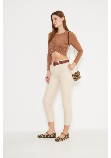 Bej Yüksek Bel Mom Jeans Likralı Esnek Kot Pantolon