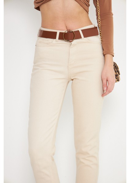 Bej Yüksek Bel Mom Jeans Likralı Esnek Kot Pantolon