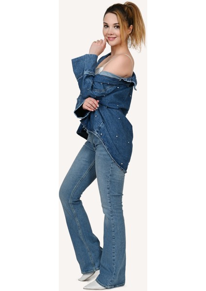 Kadın Yüksek Bel Flare Paça Mavi Kot Pantolon - Rahat ve Şık Denim fırsatları