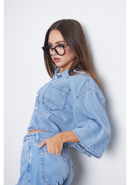 Mavi Crop Uzun Kollu Soft Dokulu Denim Jean Gömlek