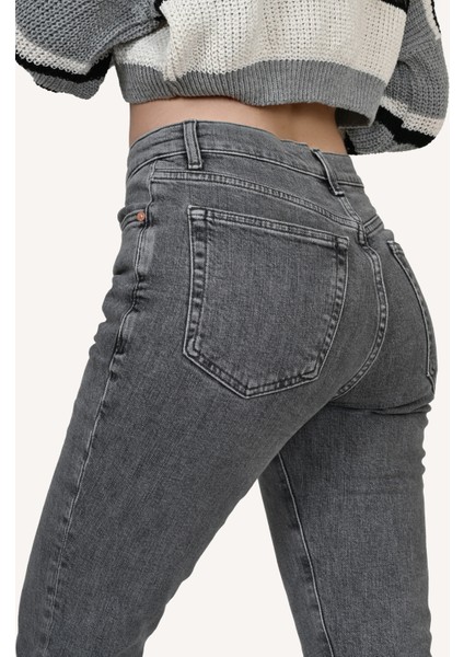 Kadın Yüksek Bel Slim Fit Gri Kot Pantolon