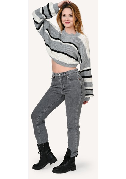 Kadın Yüksek Bel Slim Fit Gri Kot Pantolon modelleri