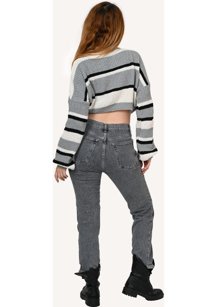 Kadın Yüksek Bel Slim Fit Gri Kot Pantolon