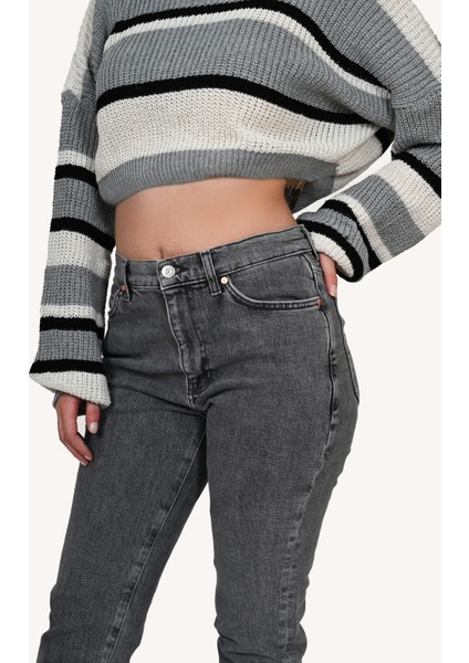 Kadın Yüksek Bel Slim Fit Gri Kot Pantolon