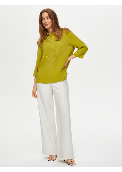 Yarım Patlı Taş Detaylı 3/4 Kol Modallı Bluz S25BLZ013