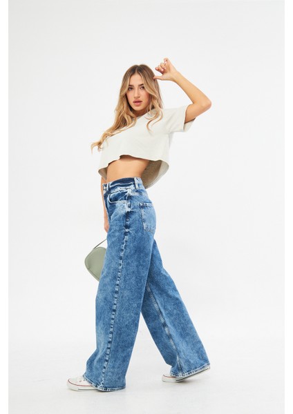 Koyu Mavi Yüksek Bel Wide Leg Geniş Paça Jean