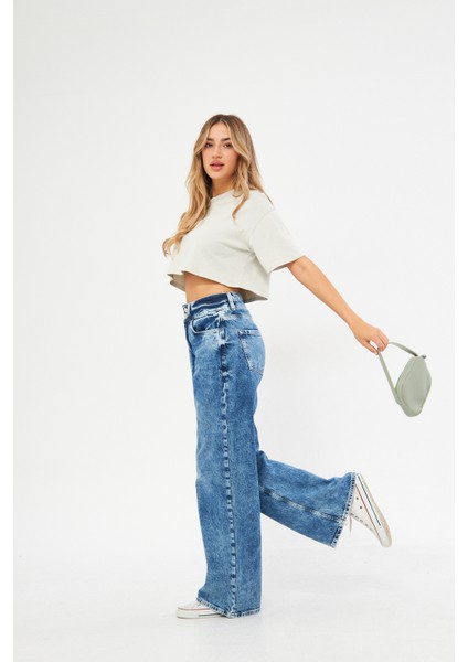 Koyu Mavi Yüksek Bel Wide Leg Geniş Paça Jean fırsatları
