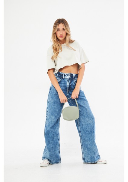 Koyu Mavi Yüksek Bel Wide Leg Geniş Paça Jean