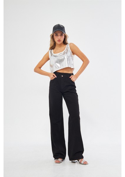 Siyah Yüksek Bel Kemer Detaylı Wide Leg Jeans