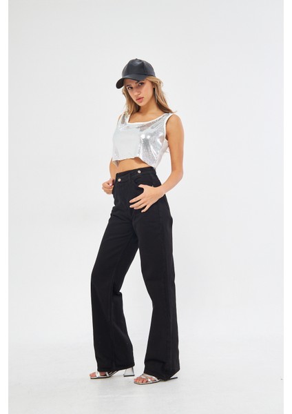 Siyah Yüksek Bel Kemer Detaylı Wide Leg Jeans modelleri