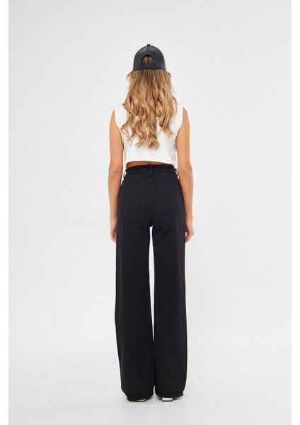 Siyah Yüksek Bel Kemer Detaylı Wide Leg Jeans fırsatları