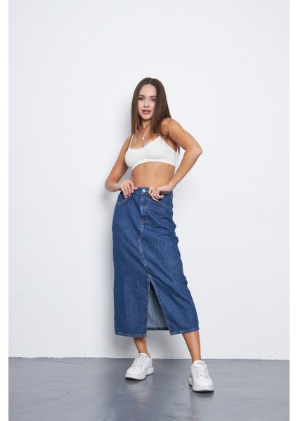 Mavi Önden Yırtmaçlı Midi Boy Denim Etek modelleri